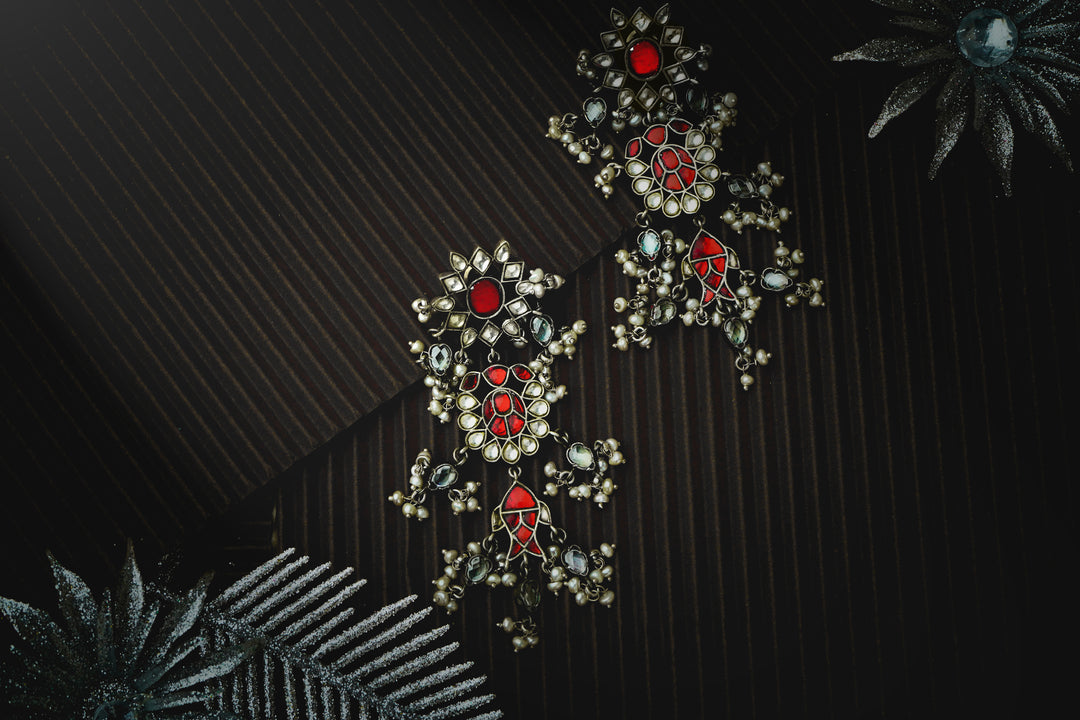 Silver Fish Earrings with Kundan and Ruby - Neeta Boochra Jewellery