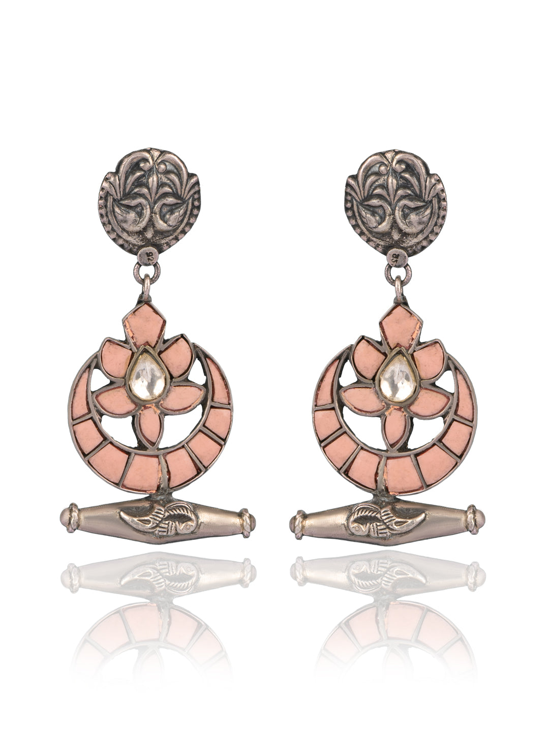 925 Sterling Silver Dholki Earrings with our Signature Kundan Chaand Motif view 1