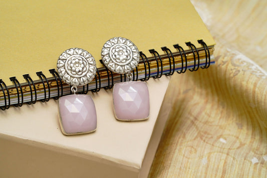 925 Silver Floral Earrings with Rose Quartz - Neeta Boochra Jewellery