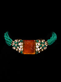 Svarnam Moissanite Choker with Orange Carved Stone and Green Onyx view 4