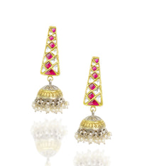 925 Silver Gold Plated White and Red Kundan Trapezium Jhumki Earrings view 1