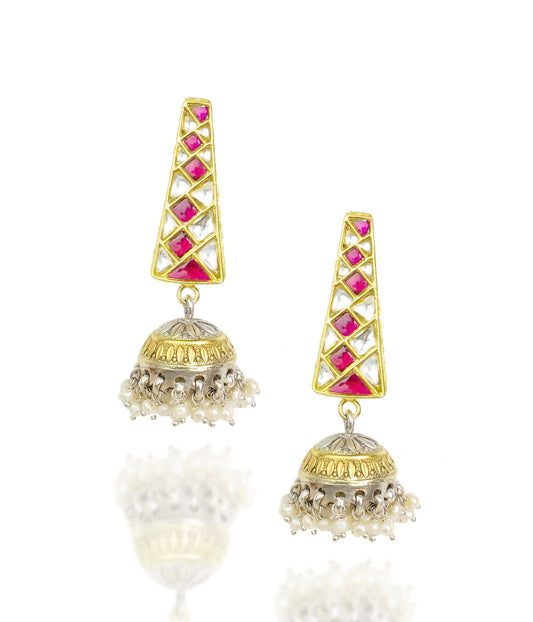 925 Silver Gold Plated White and Red Kundan Trapezium Jhumki Earrings - Neeta Boochra Jewellery