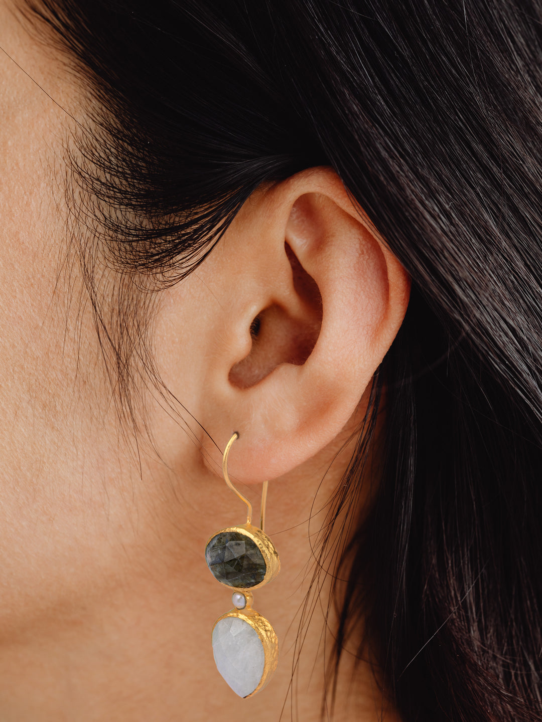 Rainbow Moonstone and Labradorite Gold Plated Dangler view 2