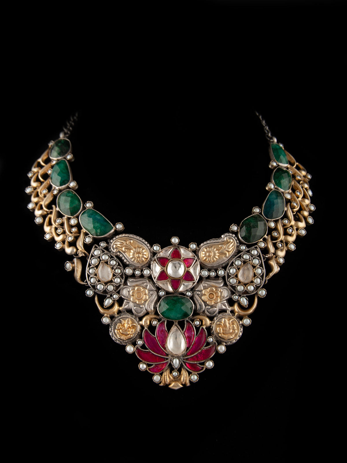 925 Sterling Silver Two Tone 22K Gold Plated Necklace With Labradorite, Pearl, Pink and White Kundan view 5