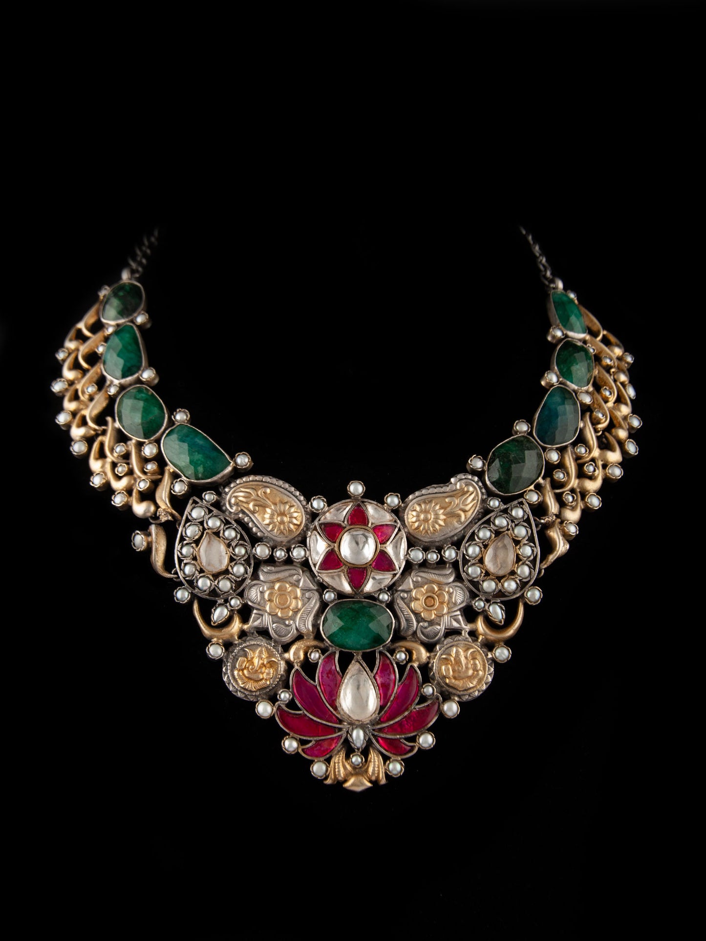 925 Sterling Silver Two Tone 22K Gold Plated Necklace With Labradorite, Pearl, Pink and White Kundan