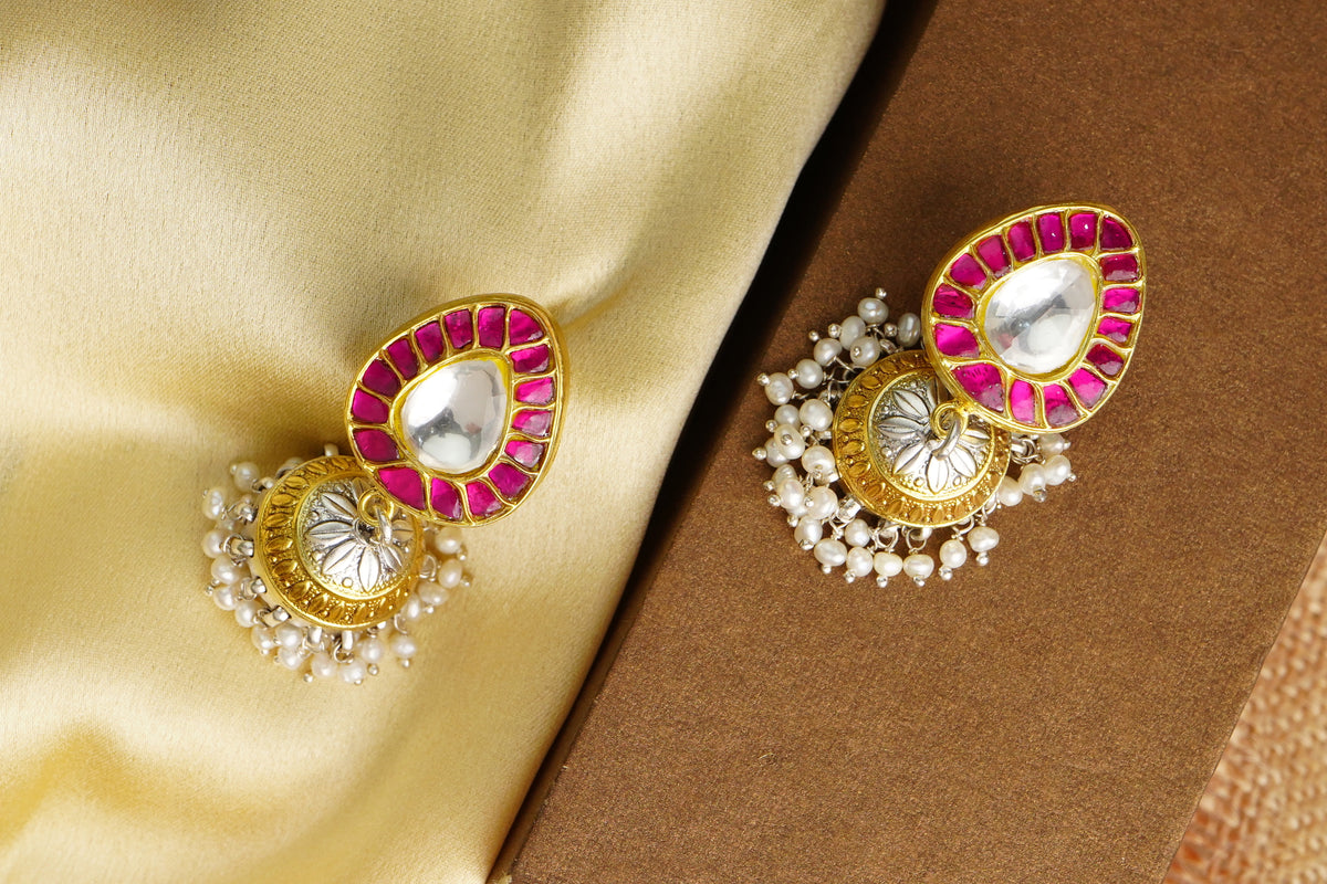 925 Silver Gold Plated White and Red Kundan Paan Jhumki Earrings view 3
