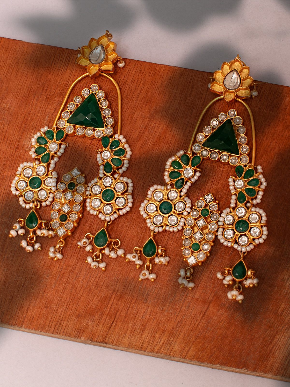925 Sterling Silver 22K Gold Plated Green Onyx Danglers Earrings With Pearl And White Kundan view 1