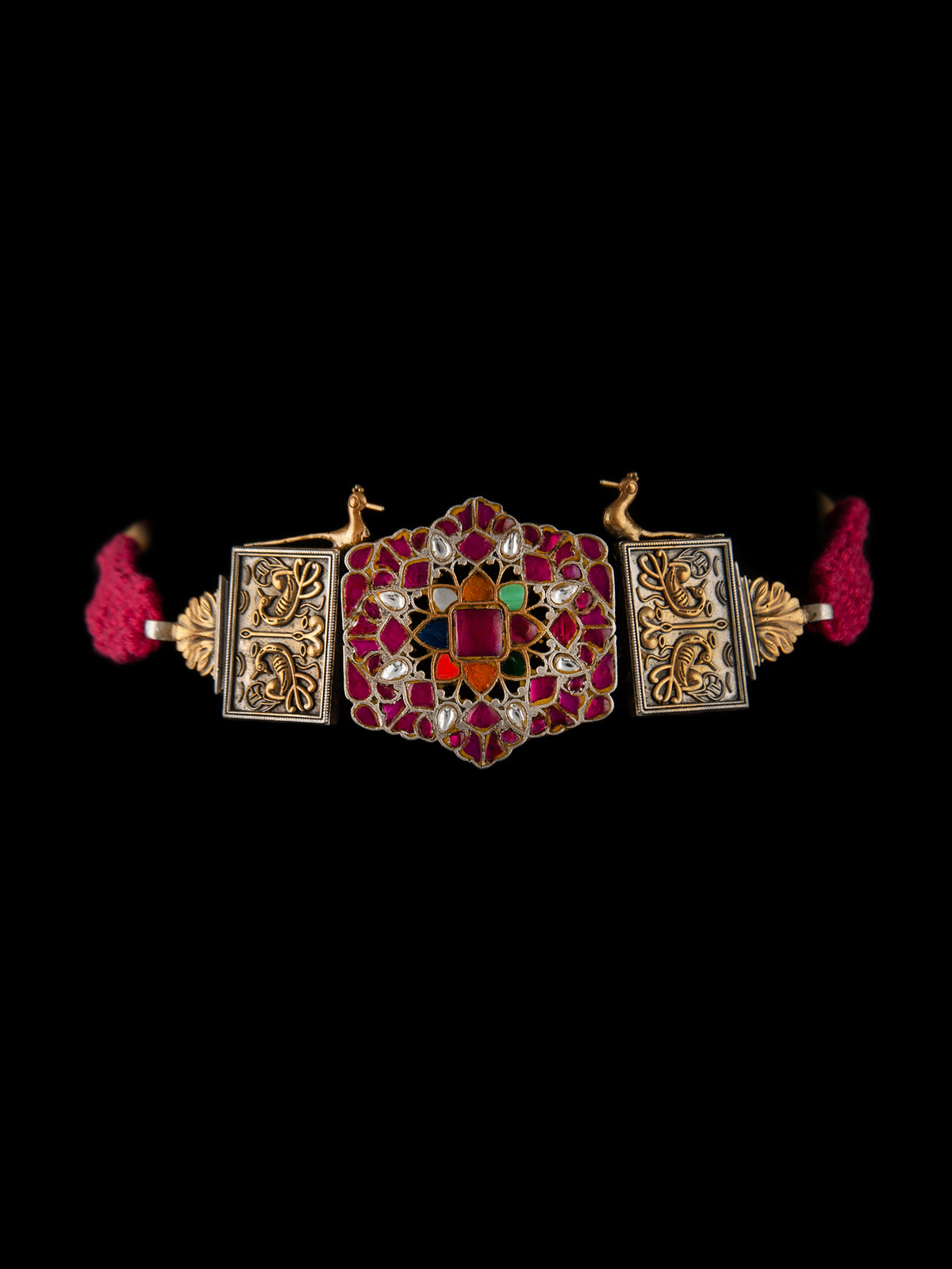 925 Sterling Silver Two Tone 22K Gold Plated Statement Necklace With Multicolor Kundan view 5