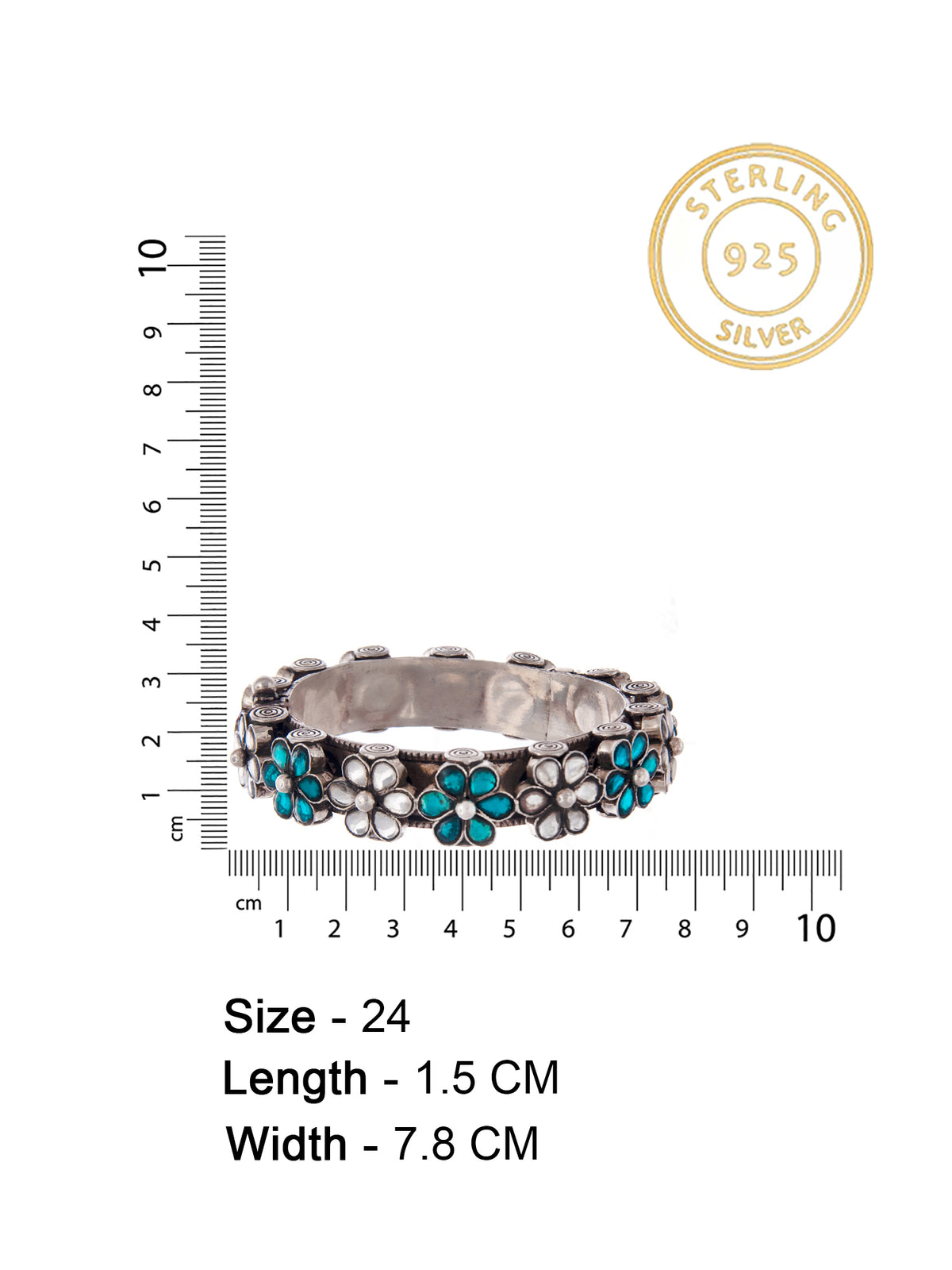 Silver Floral Blue and White Kundan Openable Bangle view 5