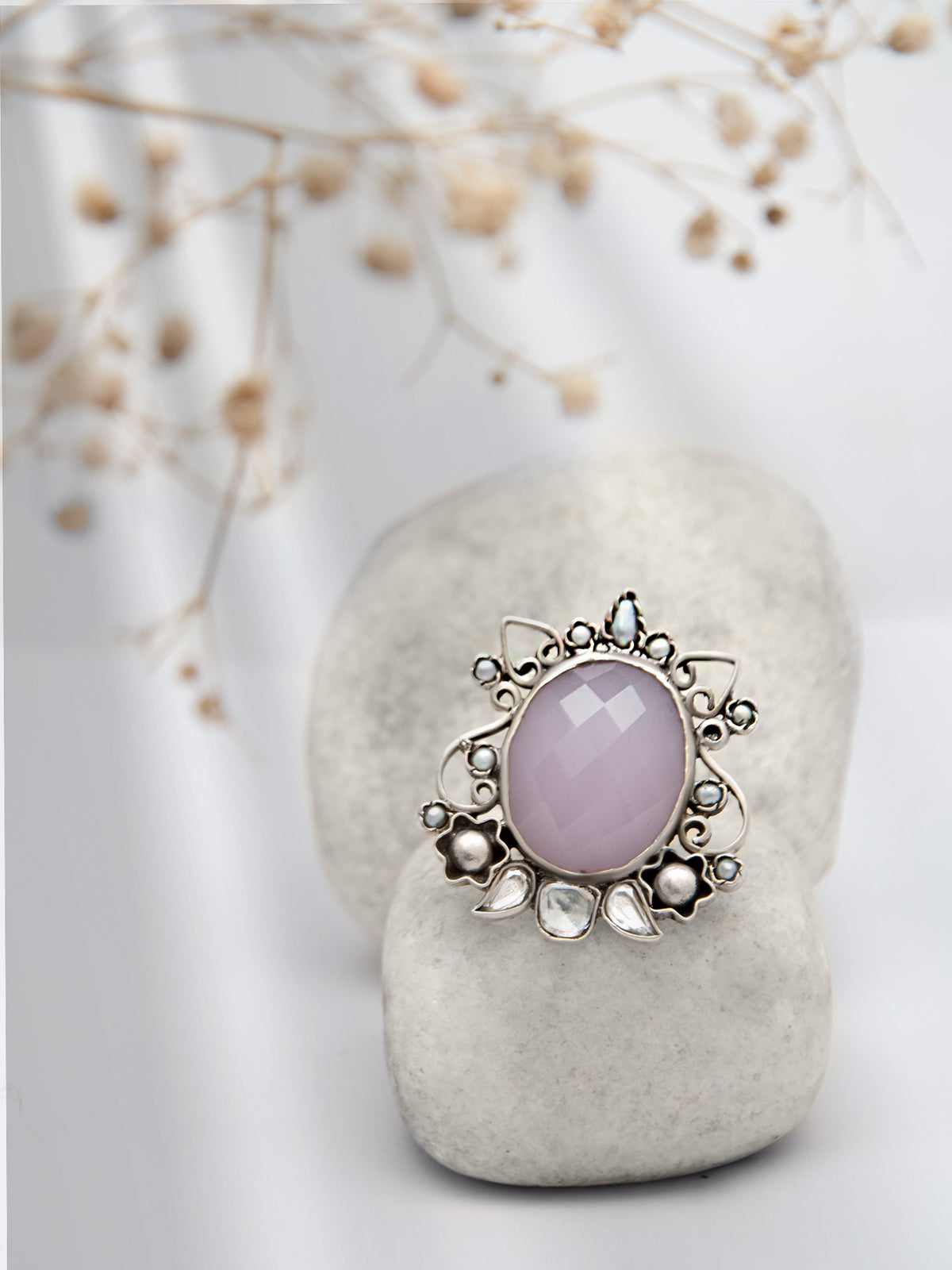 Silver Rose Quartz Adjustable Ring with Pearl view 1