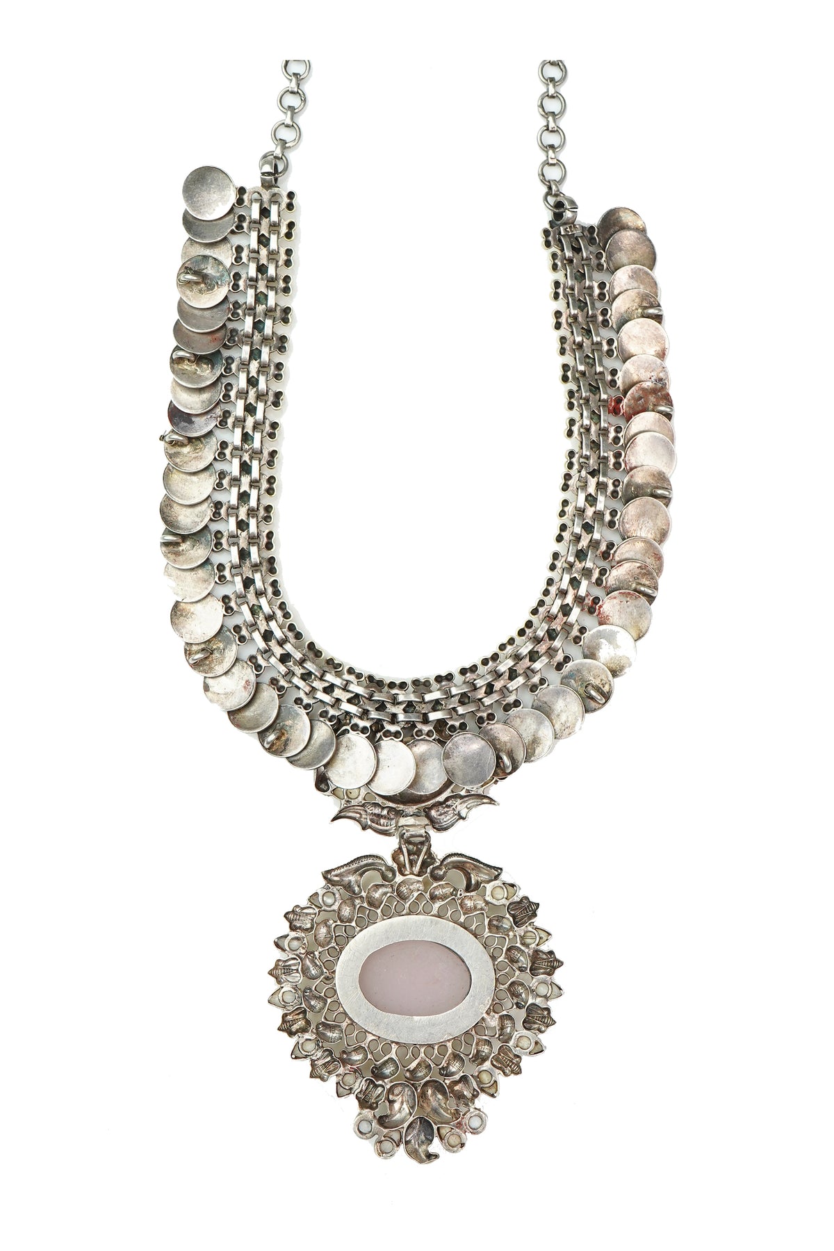 Silver Two Tone Coin Necklace with Rose Quartz view 2