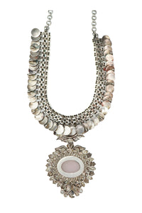 Silver Two Tone Coin Necklace with Rose Quartz view 2