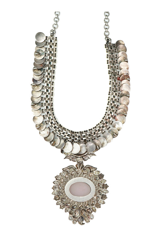 Silver Two Tone Coin Necklace with Rose Quartz - Neeta Boochra Jewellery