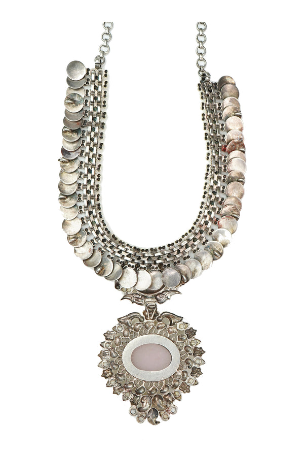 Silver Two Tone Coin Necklace with Rose Quartz alternate