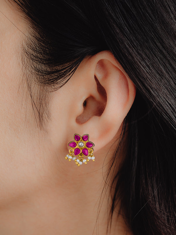 Small Floral Ruby Gold Plated Studs with Pearl alternate