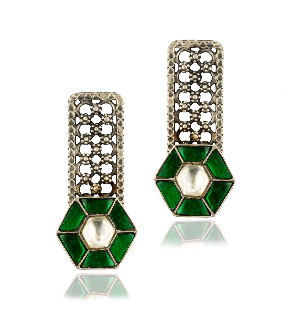 925 Sterling Silver Earrings with Green and White Kundan view 1