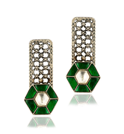 925 Sterling Silver Earrings with Green and White Kundan