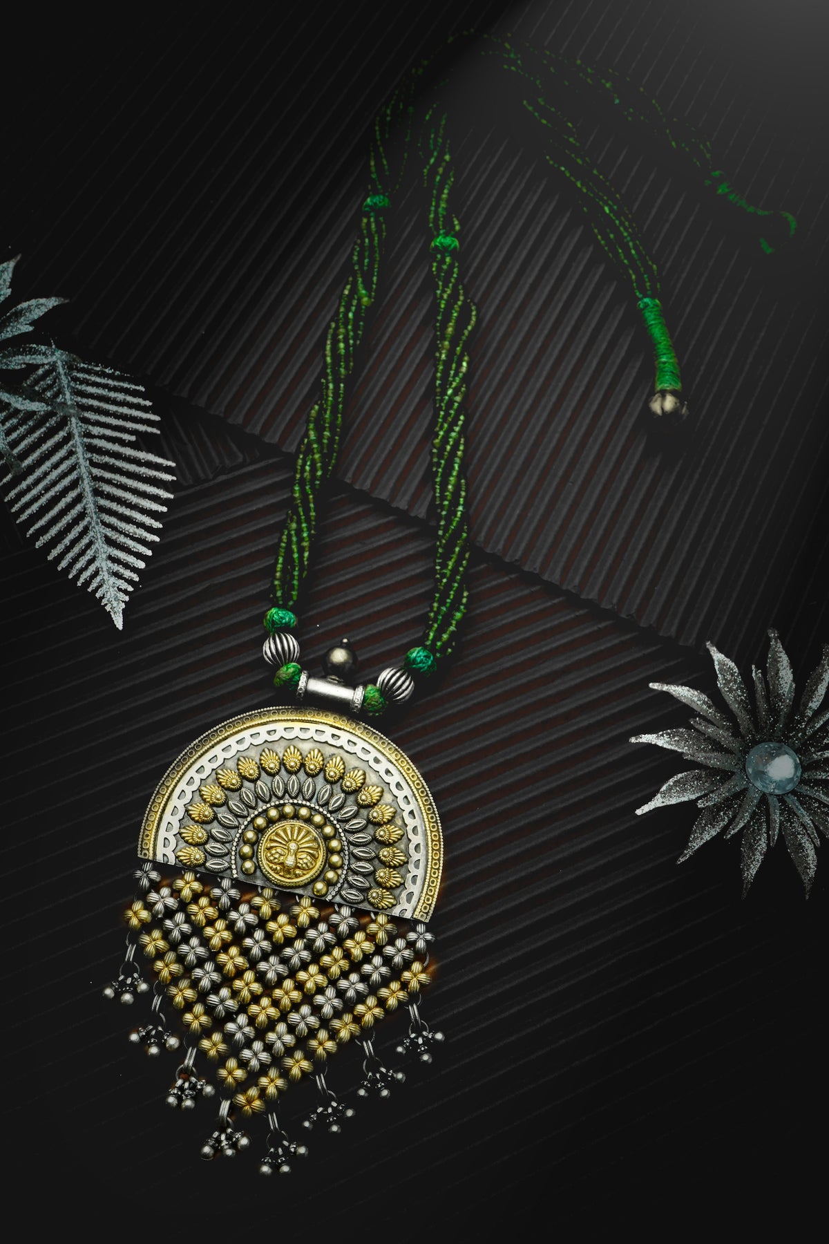 Silver Two Tone Beaded Necklace with Emerald Beads view 3
