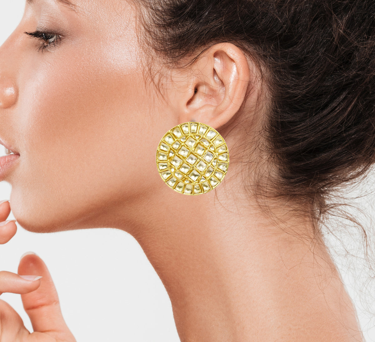925 Silver Gold Plated White Kundan Round Studs view 4