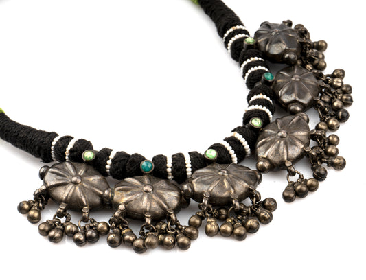 925 Sterling Silver Oxidized Necklace with Green and Black Adjustable Patwa Thread