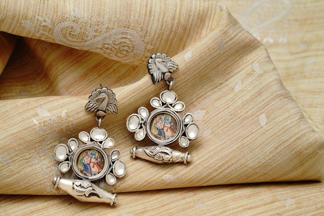 925 Silver Peacock Earrings with Handpainting - Neeta Boochra Jewellery