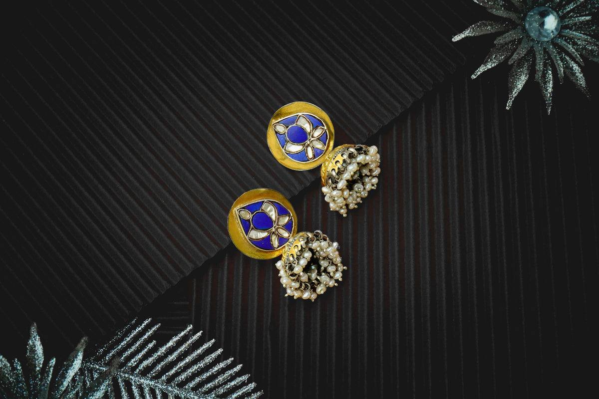 Neeta Boochra Signature Silver Lotus Blue Jhumki Earrings view 3