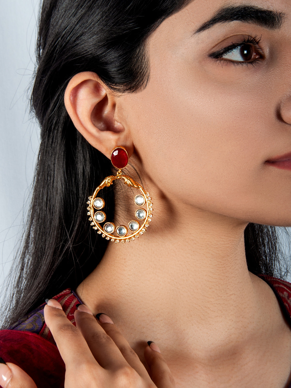 925 Sterling Silver 22K Gold Plated Chaandbali Kundan Earring With Ruby Gemstone and Pearl view 1
