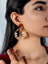 925 Sterling Silver 22K Gold Plated Chaandbali Kundan Earring With Ruby Gemstone and Pearl view 1