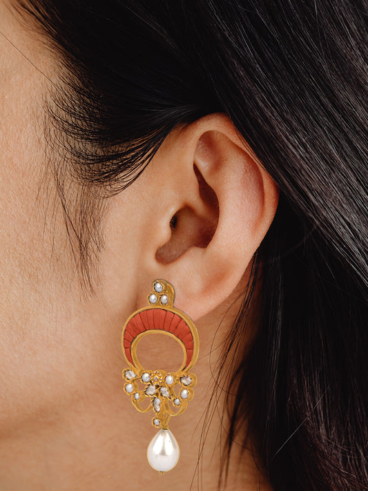 925 Sterling Silver Gold Plated Fusion Chaandbali with Red Corals and Pearl