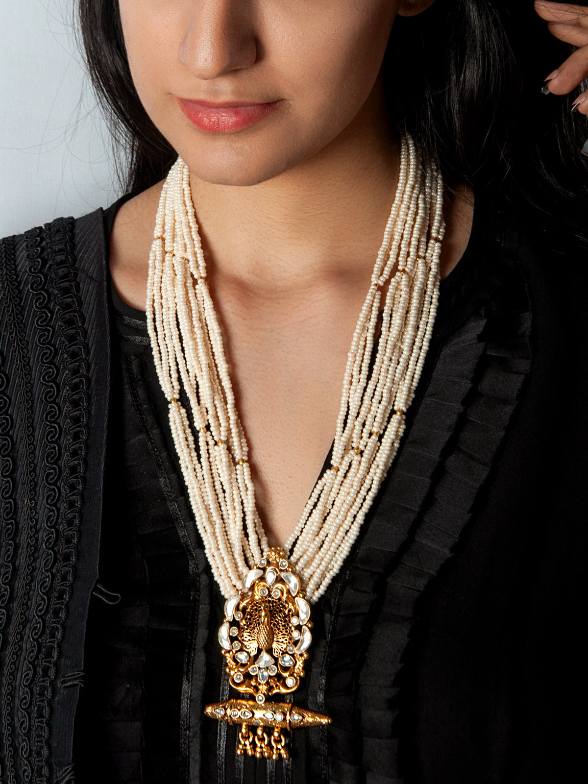 925 Sterling Silver 22K Gold Plated Pearl Beaded Peacock Design Statement Necklace With White Kundan view 1