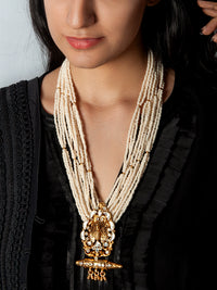 925 Sterling Silver 22K Gold Plated Pearl Beaded Peacock Design Statement Necklace With White Kundan view 1