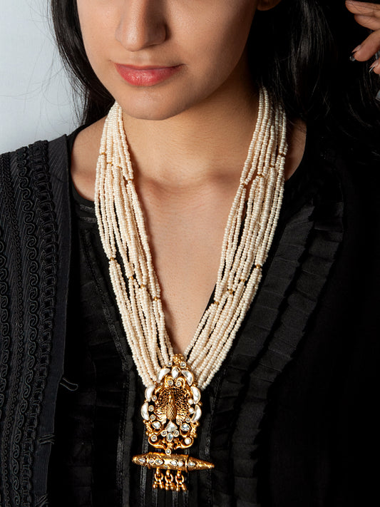 925 Sterling Silver 22K Gold Plated Pearl Beaded Peacock Design Statement Necklace With White Kundan