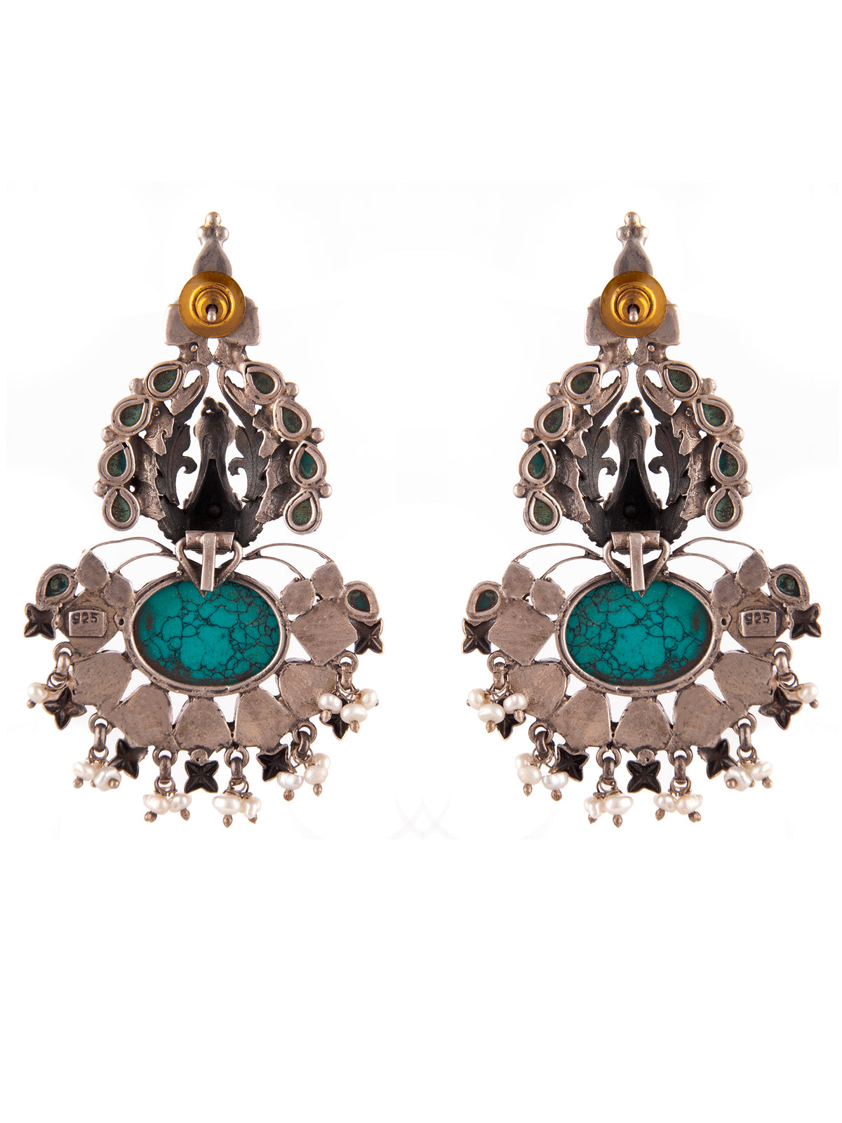 Aurora Peacock Turquoise Statement Earrings with Kundan view 4