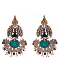 Aurora Peacock Turquoise Statement Earrings with Kundan view 4