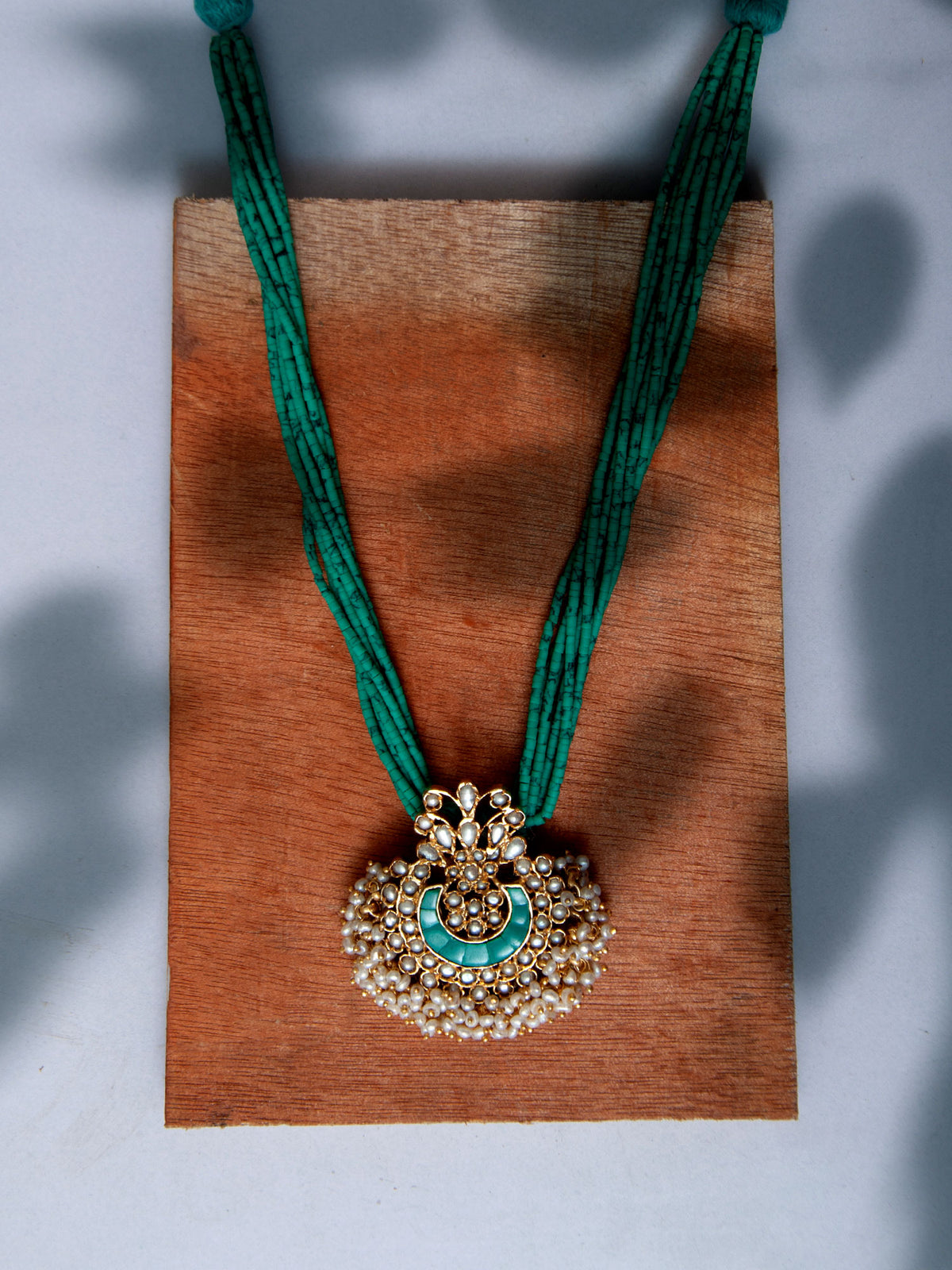 925 Sterling Silver 22K Gold Plated Green Turquoise Beaded Necklace With Pearl view 3