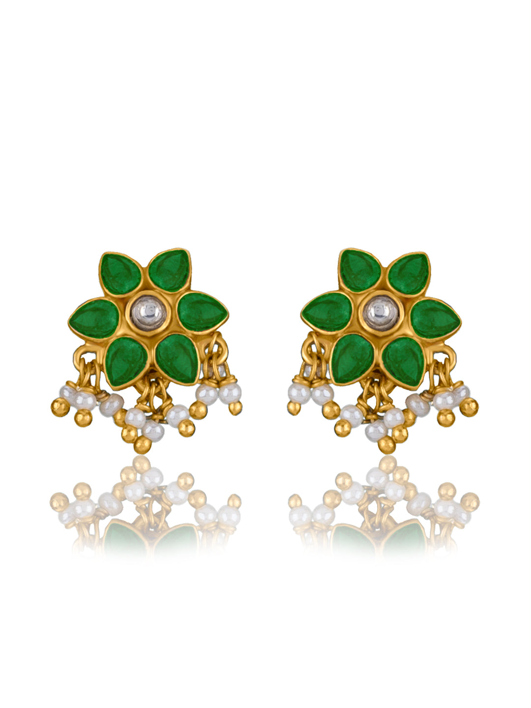 Small Floral Kundan Gold Plated Studs with Pearl view 1