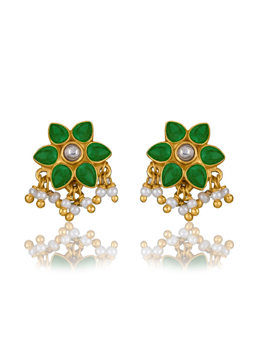 Small Floral Kundan Gold Plated Studs with Pearl