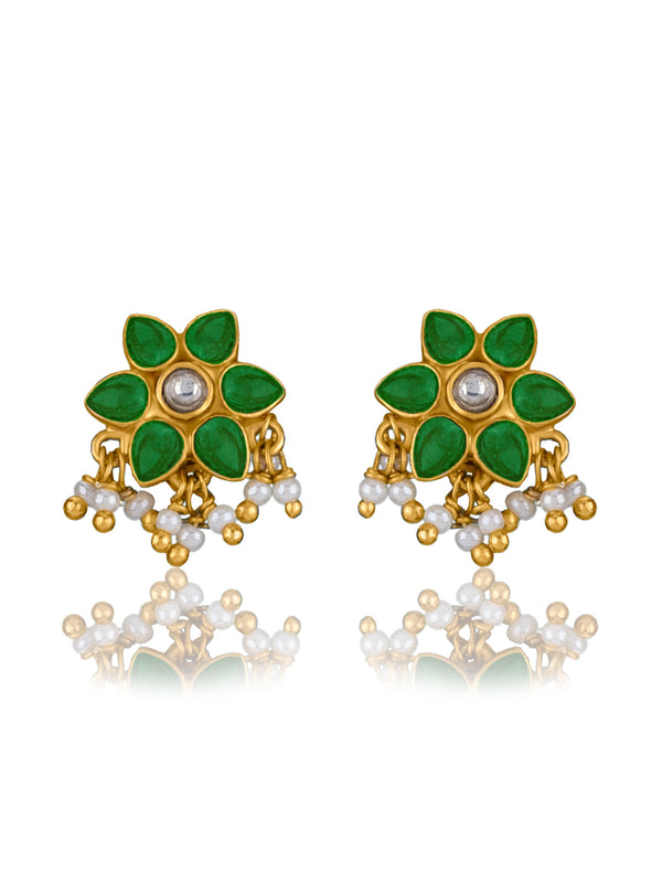 Small Floral Kundan Gold Plated Studs with Pearl