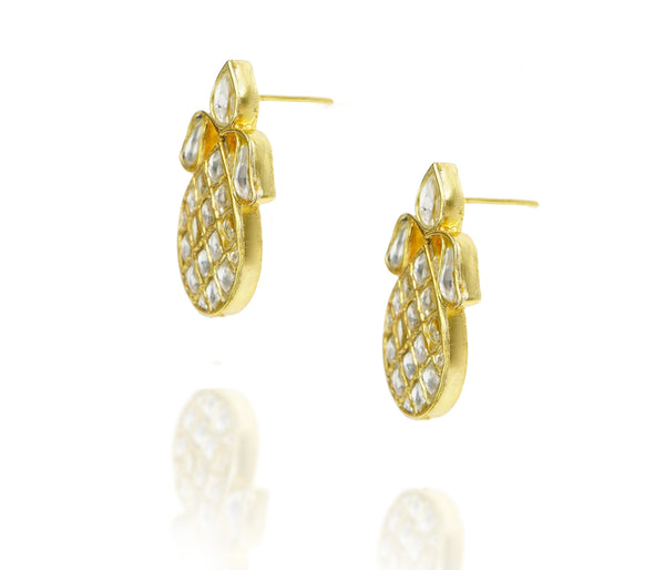 925 Silver Gold Plated Oval Studs with White Kundan