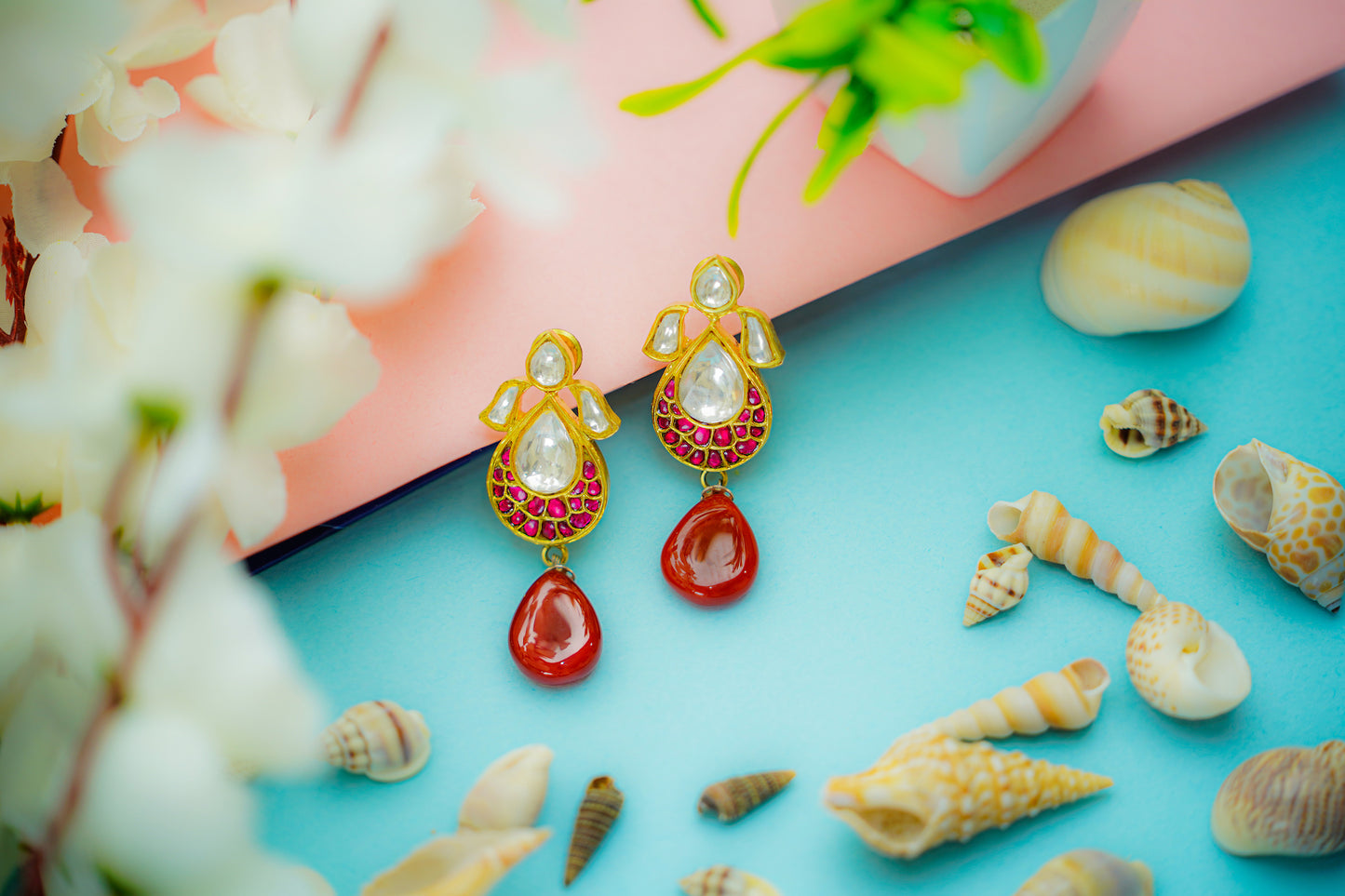 925 Silver Gold Plated Silver and Red Kunan Earrings with Drop - Neeta Boochra Jewellery