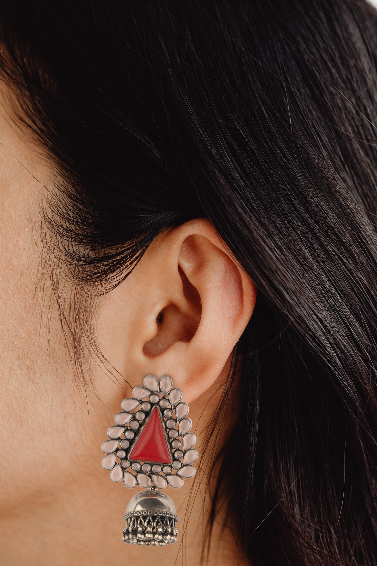925 Sterling Silver Checker and Red Coral Jhumkis view 4