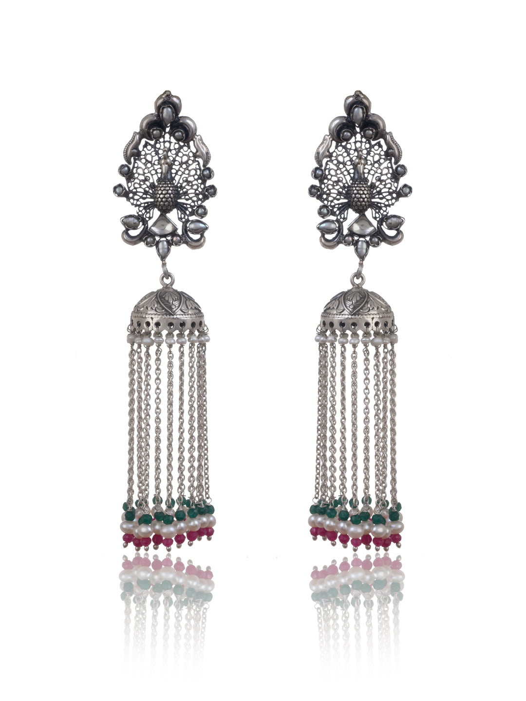 Long Jhumki with Peacock and Multicolor Gemstones view 1