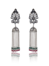 Long Jhumki with Peacock and Multicolor Gemstones view 1