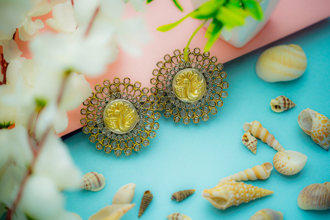 925 Silver Gold Plated Peacock Earrings with Checker Stones - Neeta Boochra Jewellery