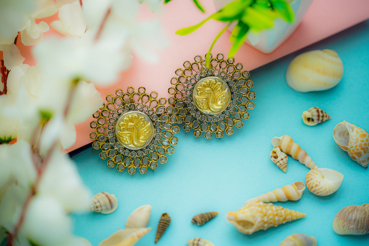 925 Silver Gold Plated Peacock Earrings with Checker Stones view 3