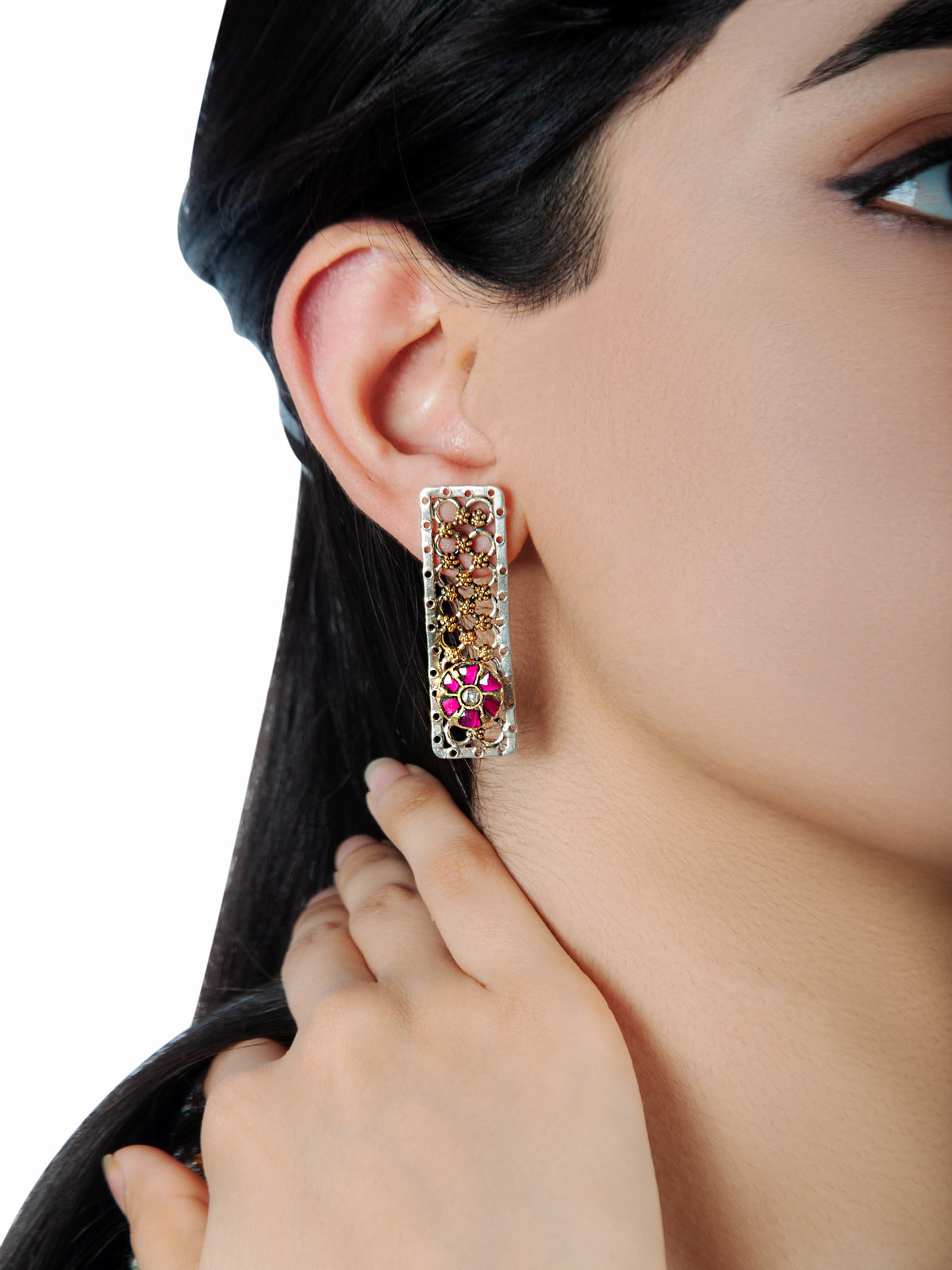 925 Sterling Silver Two Tone Rawa Earrings with Kundan Motif view 1