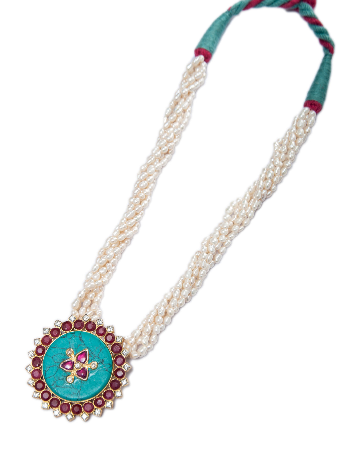 925 Sterling Silver 22K Gold Plated Pearl Beaded Necklace With Turquoise, Ruby Gemstone view 5