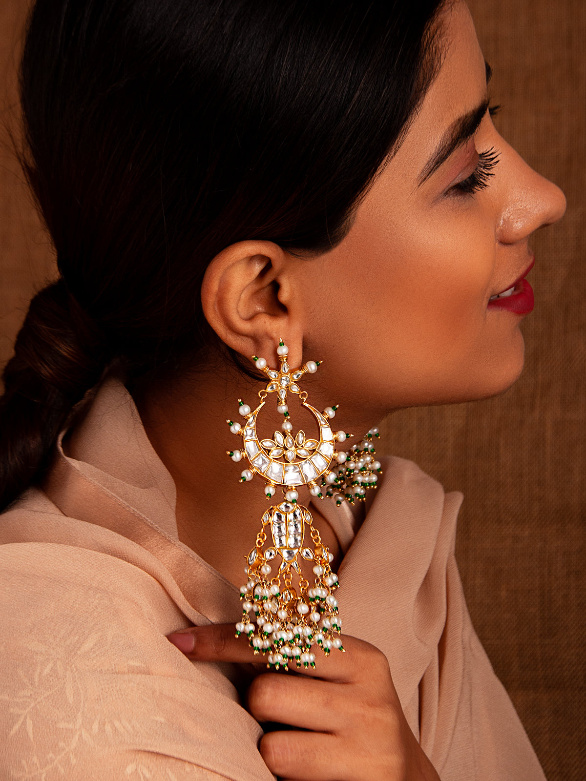 Svarnim Festive Statement Earrings with Pearl and Kundan view 6