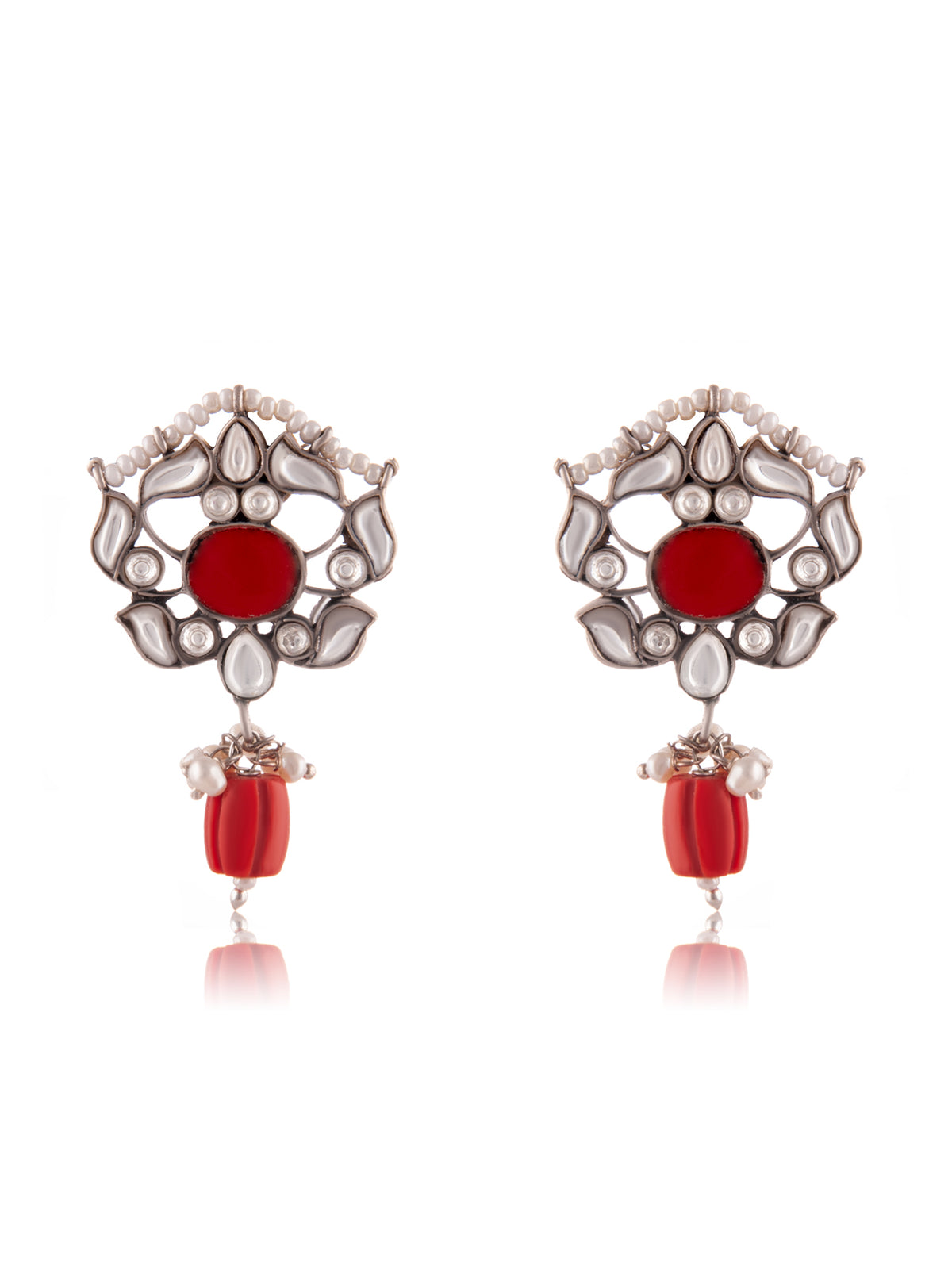 Silver Coral Kundan Earrings with Drop view 3
