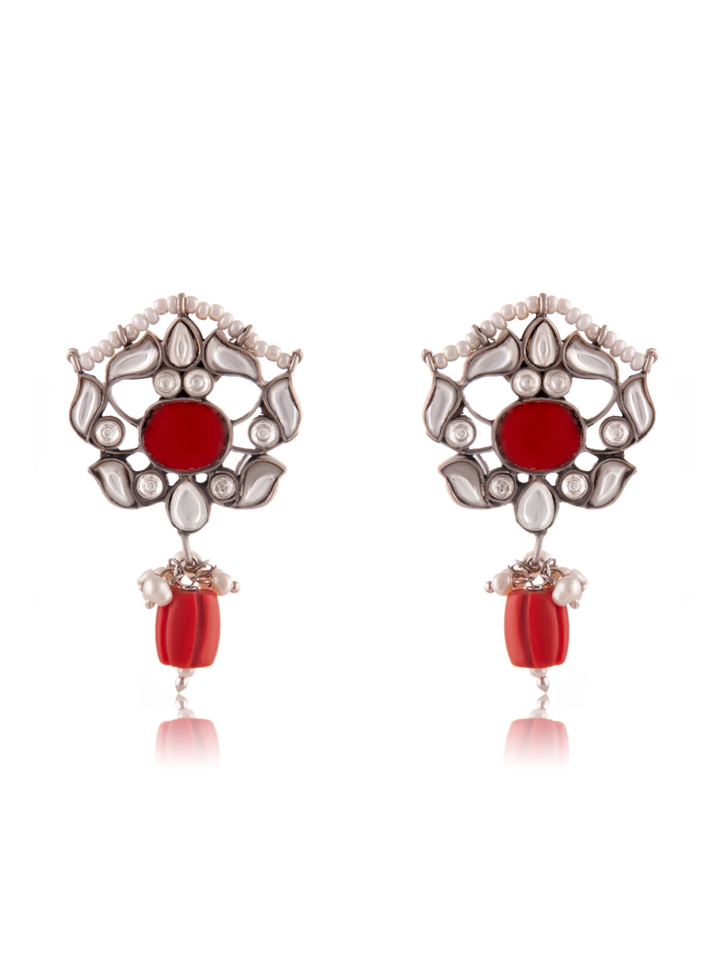 Silver Coral Kundan Earrings with Drop